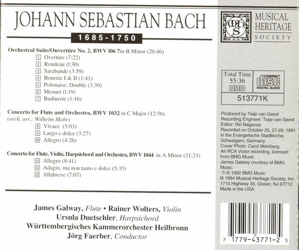 James Galway Performs Johann Sebastian Bach - Jörg Faerber, Württembergisches Kammerorchester : Suite No. 2 Concerto For Flute, Violin, & Harpsichord (CD, Album)