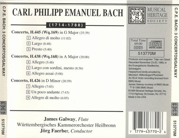 James Galway, Carl Philipp Emanuel Bach, Württembergisches Kammerorchester, Jörg Faerber : Three Concertos (CD, Album)