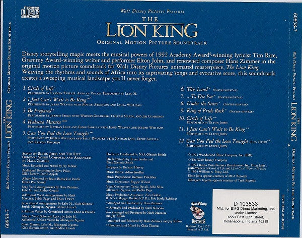 Elton John, Tim Rice, Hans Zimmer : The Lion King (Original Motion Picture Soundtrack) (CD, Album, Club)