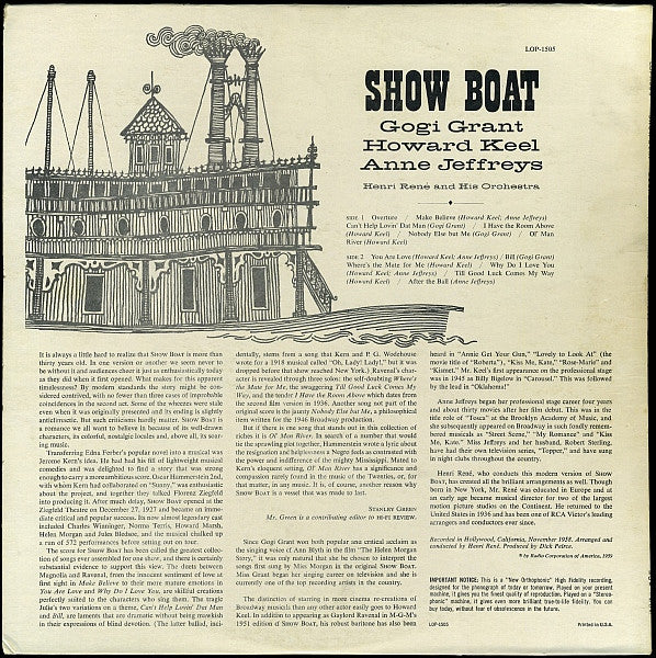 Henri René And His Orchestra / Gogi Grant / Howard Keel / Anne Jeffreys : Show Boat (LP, Album, Mono, RE)