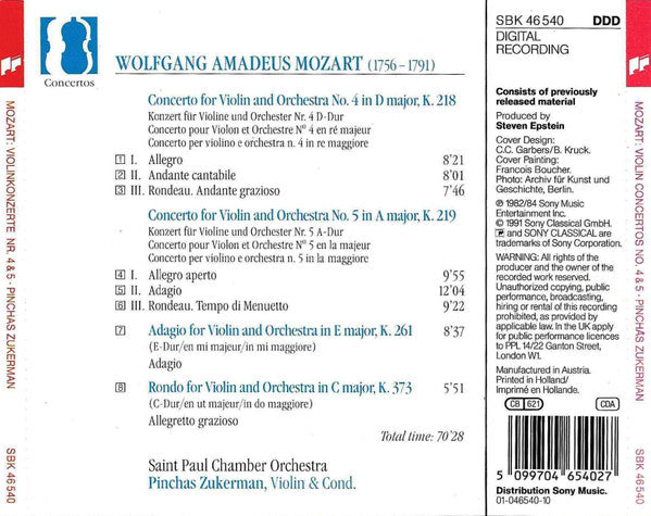 Wolfgang Amadeus Mozart - Pinchas Zukerman, The Saint Paul Chamber Orchestra : Violin Concertos No. 4 & 5 (CD, Comp)