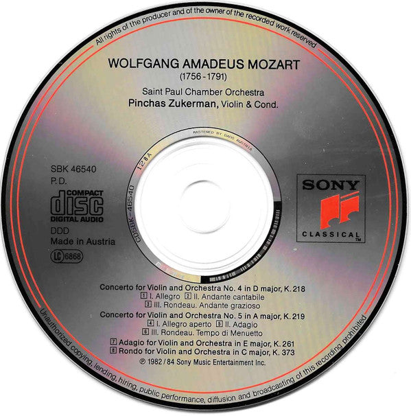 Wolfgang Amadeus Mozart - Pinchas Zukerman, The Saint Paul Chamber Orchestra : Violin Concertos No. 4 & 5 (CD, Comp)