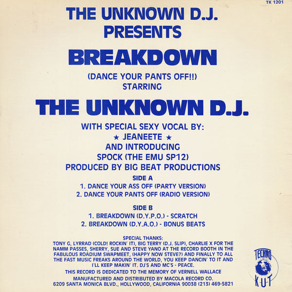 The Unknown DJ : Break-Down ("Dance Your Pants Off !") (12")