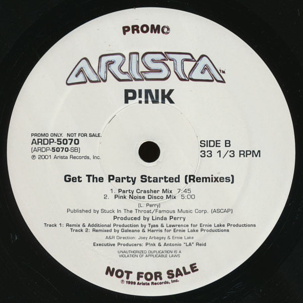 P!NK : Get The Party Started (Remixes) (12", Promo)