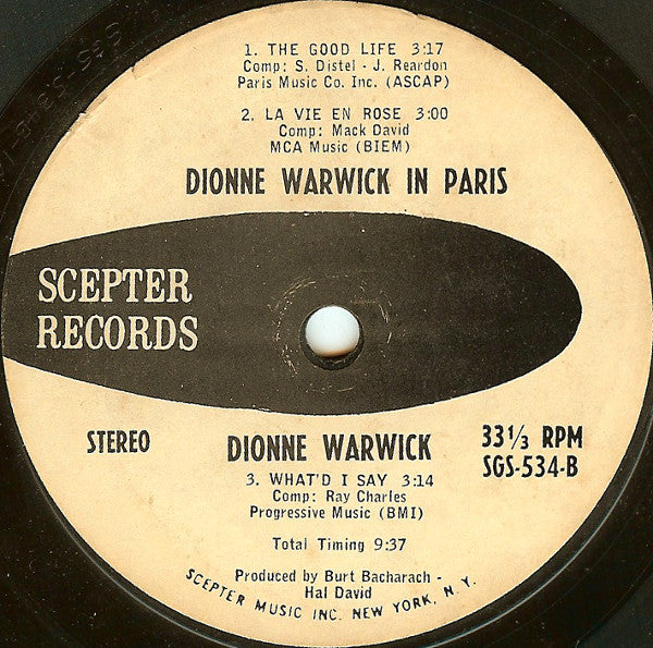 Dionne Warwick : Dionne Warwick In Paris (7", Jukebox)