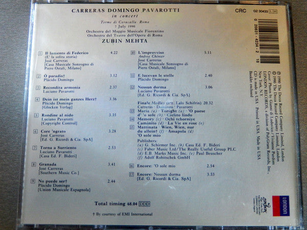 José Carreras, Placido Domingo, Luciano Pavarotti, Zubin Mehta : In Concert (CD, Album, Club)