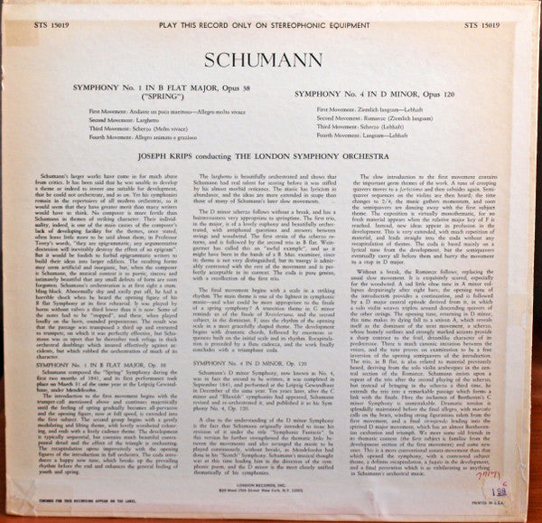 Robert Schumann, The London Symphony Orchestra, Josef Krips : Symphony No. 1 "Spring" / Symphony No. 4 (LP, Album, RE)