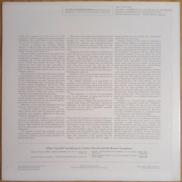Robert Schumann / Franz Schubert - Charles Munch / Boston Symphony Orchestra : Symphony No. 1 "Spring" / Symphony No. 2 (LP, Comp)