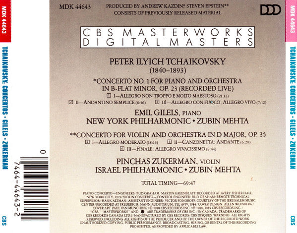 Pyotr Ilyich Tchaikovsky, Emil Gilels, Pinchas Zukerman, Zubin Mehta : Piano Concerto, Violin Concerto (CD, Comp, RE)