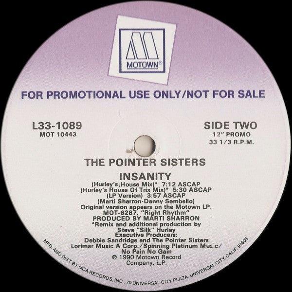 Pointer Sisters : Insanity (12", Single, Promo)