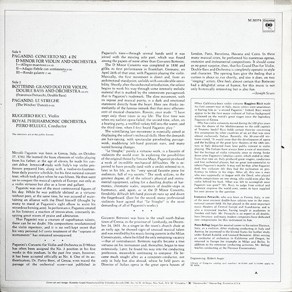 Niccolò Paganini, Giovanni Bottesini, Ruggiero Ricci, Piero Bellugi : Paganini Violin Concerto No. 4 (LP, Album)
