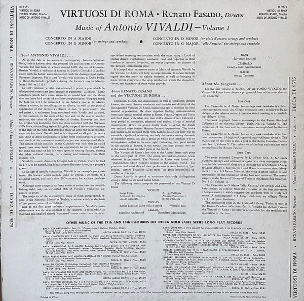 Renato Fasano Conducting Virtuosi Di Roma "Collegium Musicum Italicum" : Music Of Vivaldi Volume 1 (LP, Album, Mono)