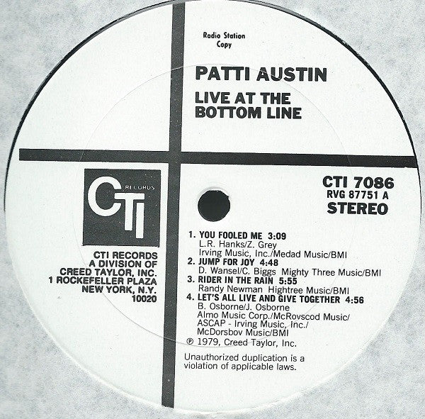 Patti Austin : Live At The Bottom Line (LP, Album, Promo, Gat)