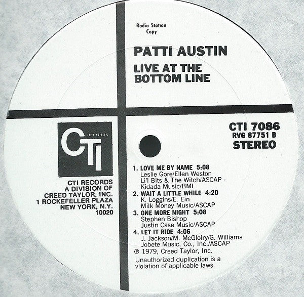 Patti Austin : Live At The Bottom Line (LP, Album, Promo, Gat)