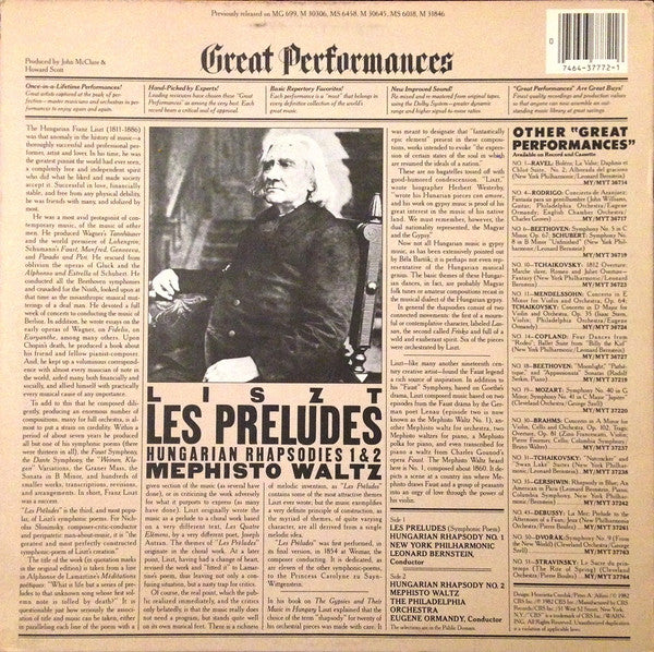 Franz Liszt - Leonard Bernstein, The New York Philharmonic Orchestra / Eugene Ormandy, The Philadelphia Orchestra : Les Preludes / Hungarian Rhapsodies 1 & 2 / Mephisto Waltz (LP, Comp, RE, RM)