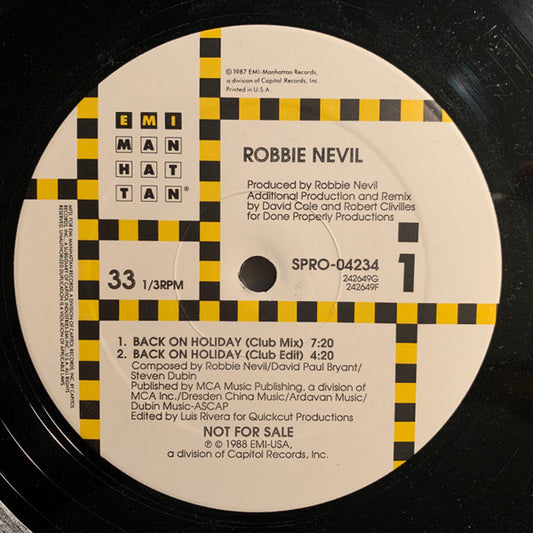 Robbie Nevil : Back On Holiday (12", Promo)