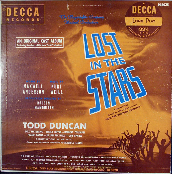 Kurt Weill, Maxwell Anderson - Todd Duncan (3) - Inez Matthews - Sheila Guyse - Herbert Coleman - Frank Roane - Julian Mayfield - Guy Paul : Lost In The Stars (Original Cast) (LP, Mono)