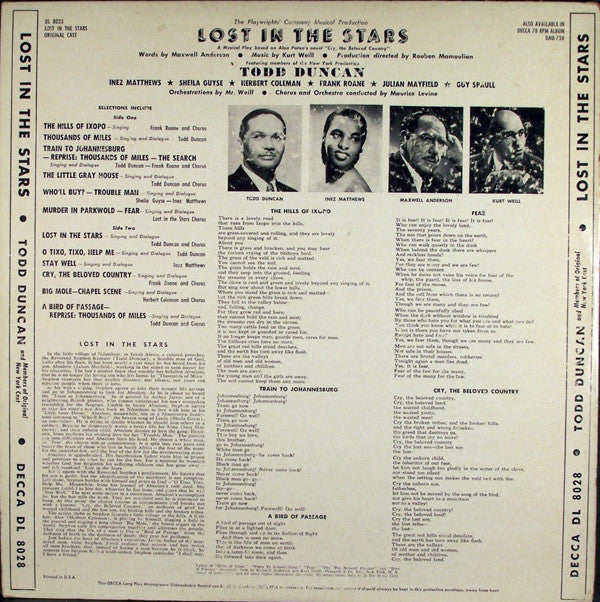 Kurt Weill, Maxwell Anderson - Todd Duncan (3) - Inez Matthews - Sheila Guyse - Herbert Coleman - Frank Roane - Julian Mayfield - Guy Paul : Lost In The Stars (Original Cast) (LP, Mono)