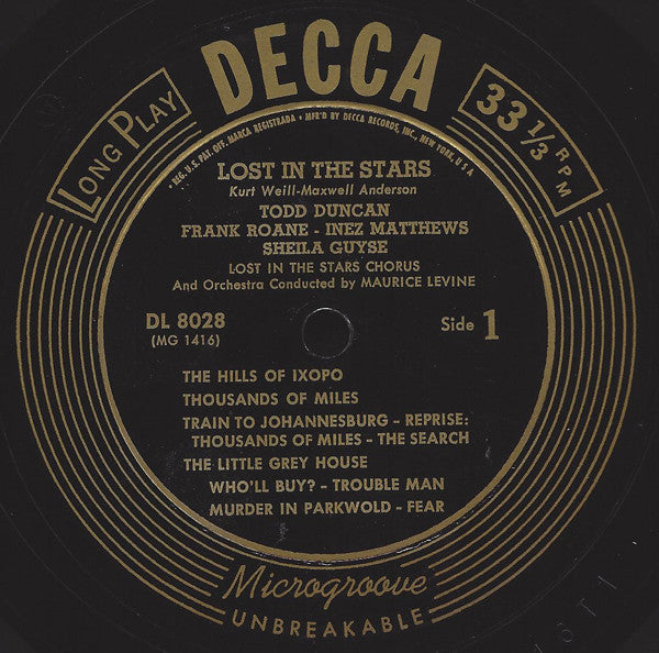 Kurt Weill, Maxwell Anderson - Todd Duncan (3) - Inez Matthews - Sheila Guyse - Herbert Coleman - Frank Roane - Julian Mayfield - Guy Paul : Lost In The Stars (Original Cast) (LP, Mono)
