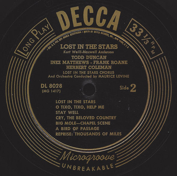 Kurt Weill, Maxwell Anderson - Todd Duncan (3) - Inez Matthews - Sheila Guyse - Herbert Coleman - Frank Roane - Julian Mayfield - Guy Paul : Lost In The Stars (Original Cast) (LP, Mono)