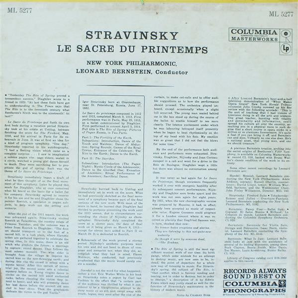Igor Stravinsky / The New York Philharmonic Orchestra, Leonard Bernstein : Le Sacre Du Printemps (LP, Album, Mono)