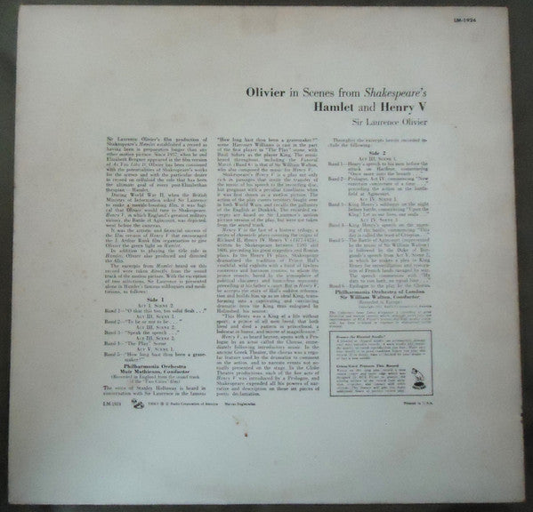 Laurence Olivier : In Scenes From Shakespeare's Hamlet And Henry V (LP, Album)
