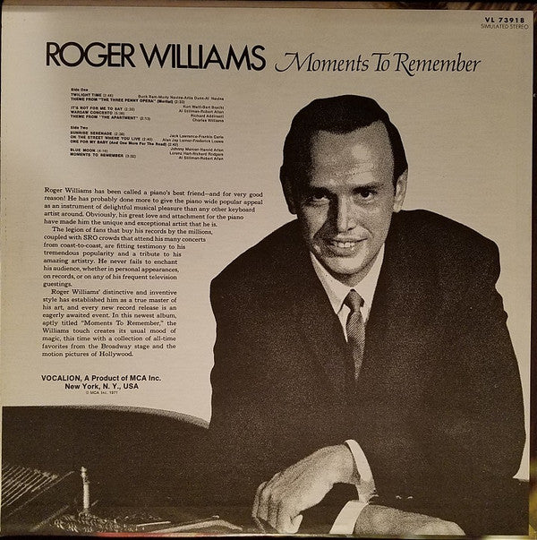 Roger Williams (2) : Moments To Remember (LP)