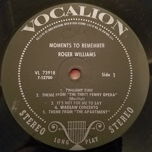 Roger Williams (2) : Moments To Remember (LP)