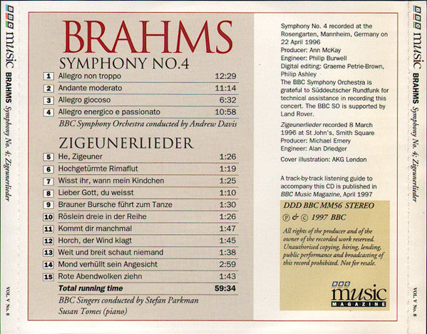 Johannes Brahms - BBC Symphony Orchestra Conducted By Andrew Davis, BBC Singers Conducted By Stefan Parkman : Symphony No. 4 / Zigeunerlieder (CD, Album)