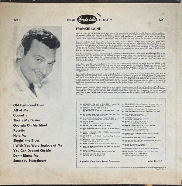 Frankie Laine : Sings (LP, Album, RE)
