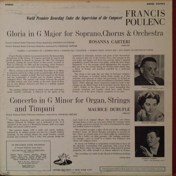 Francis Poulenc, Orchestre National De France : Gloria / Concerto For Organ, Strings And Timpani (LP)