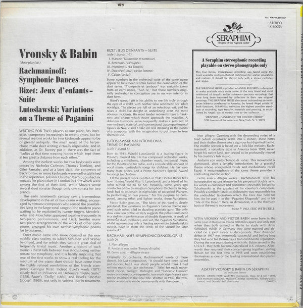 Vronsky And Babin, Sergei Vasilyevich Rachmaninoff, Georges Bizet, Witold Lutoslawski : Symphonic Dances / Jeux D'Enfants - Suite / Variations On A Theme Of Paganini (LP)