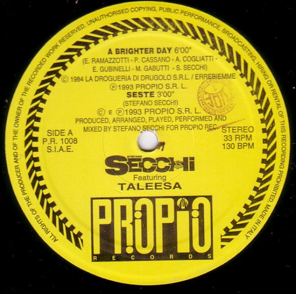 Stefano Secchi Featuring Taleesa : A Brighter Day (12")