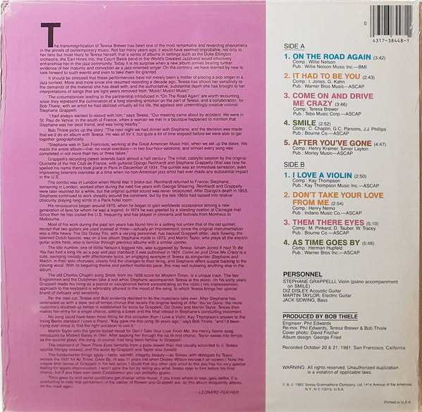 Teresa Brewer, Stéphane Grappelli : On The Road Again (LP)
