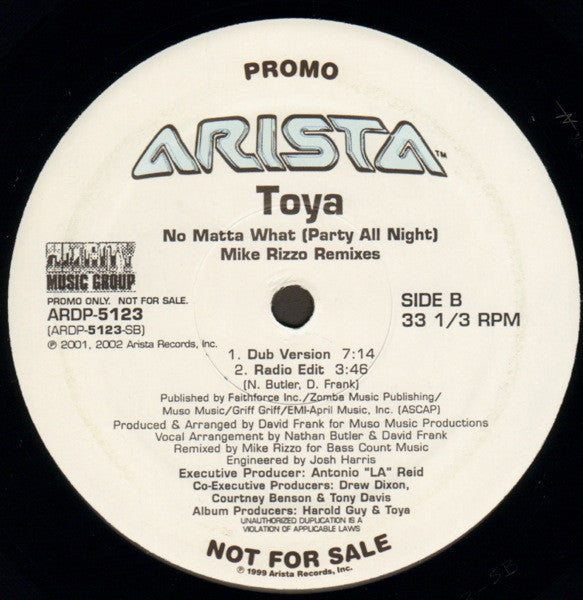 Toya (2) : No Matter What (Party All Night) (Mike Rizzo Remixes) (12", Promo)