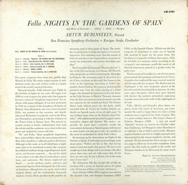 Manuel De Falla - Arthur Rubinstein, San Francisco Symphony, Enrique Jordá : Nights In The Gardens Of Spain (LP, Album, Mono, RP)