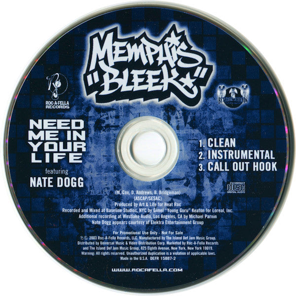Memphis Bleek Featuring Nate Dogg : Need Me In Your Life (CD, Single, Promo)