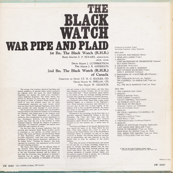 Pipes And Drums Of The 1st Battalion The Black Watch And The Pipes And Drums Of The Black Watch Of Canada R.H.R. Second Battalion : The Black Watch (War Pipe And Plaid) (LP, Album)