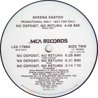 Sheena Easton : No Deposit, No Return (12", Promo)