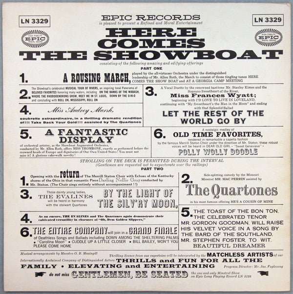 The Merrill Staton Choir, Gordon Goodman, Stanley Kimes, Mac Perrin, Audrey Marsh, Frances Wyatt, The Evalines, The Quartones : Here Comes The Showboat (LP, Album, Mono, Bri)