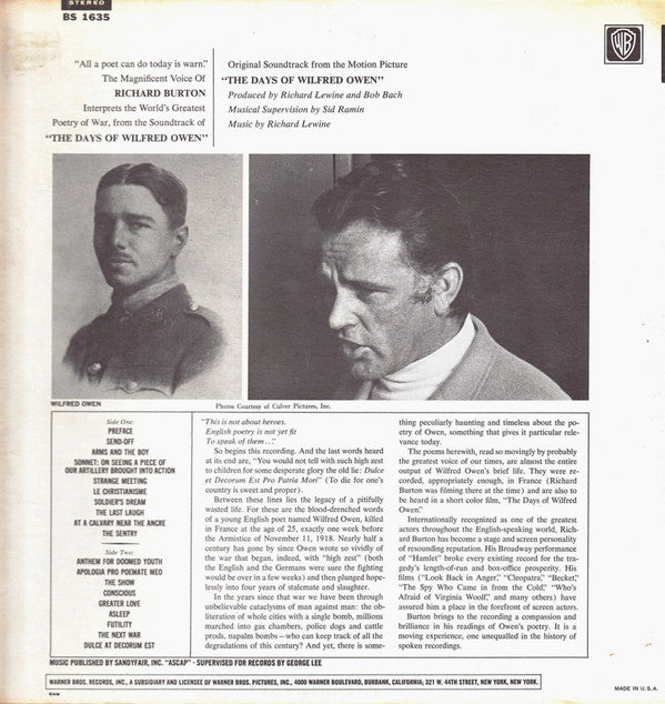 Richard Burton (2) / Richard Lewine : The Days Of Wilfred Owen (Original Soundtrack) (LP, Album)