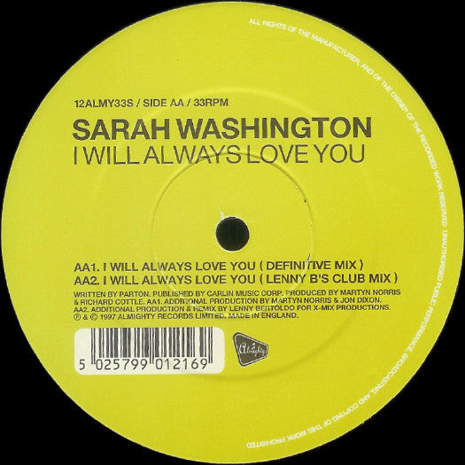 Sarah Washington : I Will Always Love You (12")