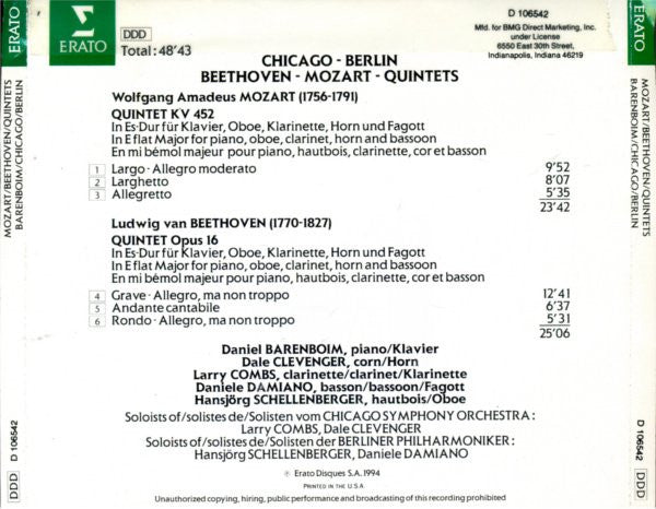 Daniel Barenboim, Ludwig van Beethoven - Wolfgang Amadeus Mozart : Beethoven - Mozart - Quintets (CD, Album, Club)