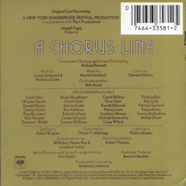 "A Chorus Line" Original Broadway Cast : A Chorus Line (CD, Album, RE, RP)
