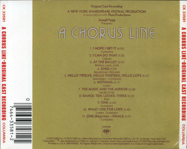 "A Chorus Line" Original Broadway Cast : A Chorus Line (CD, Album, RE, RP)