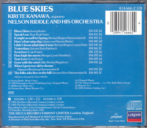 Kiri Te Kanawa - Nelson Riddle And His Orchestra : Blue Skies (CD, Album, RE)