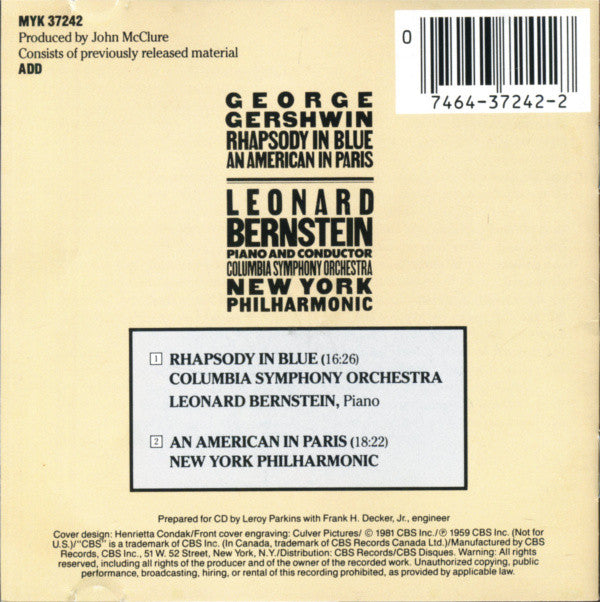 George Gershwin, Leonard Bernstein : Rhapsody In Blue / An American In Paris (CD, Album, RE)