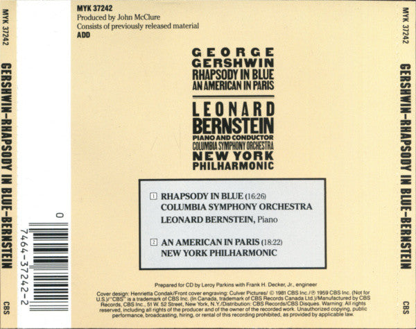 George Gershwin, Leonard Bernstein : Rhapsody In Blue / An American In Paris (CD, Album, RE)