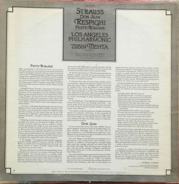 Ottorino Respighi / Richard Strauss - Zubin Mehta, Los Angeles Philharmonic Orchestra : Feste Romane (Roman Festivals). Don Juan. (LP, Album, RE, RM)