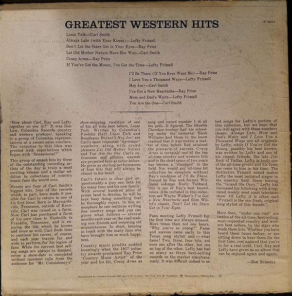 Ray Price / Carl Smith (3) / Lefty Frizzell : Greatest Western Hits Volume 1 (LP, Comp, RE)